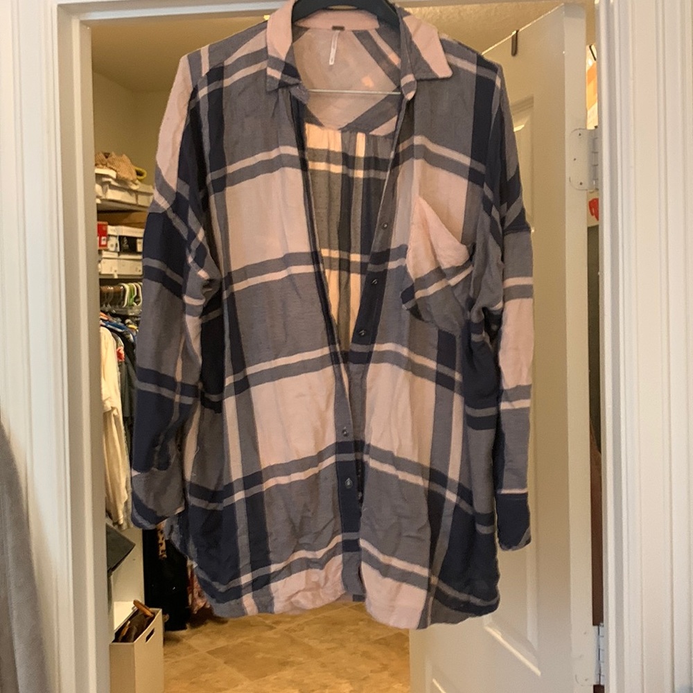 Free People size M light pink and blue plaid button up oversized shirt.